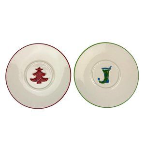 Starbucks 2006 Set of 2 Christmas Saucer Plates, Red Tree, Green Blue Stocking
